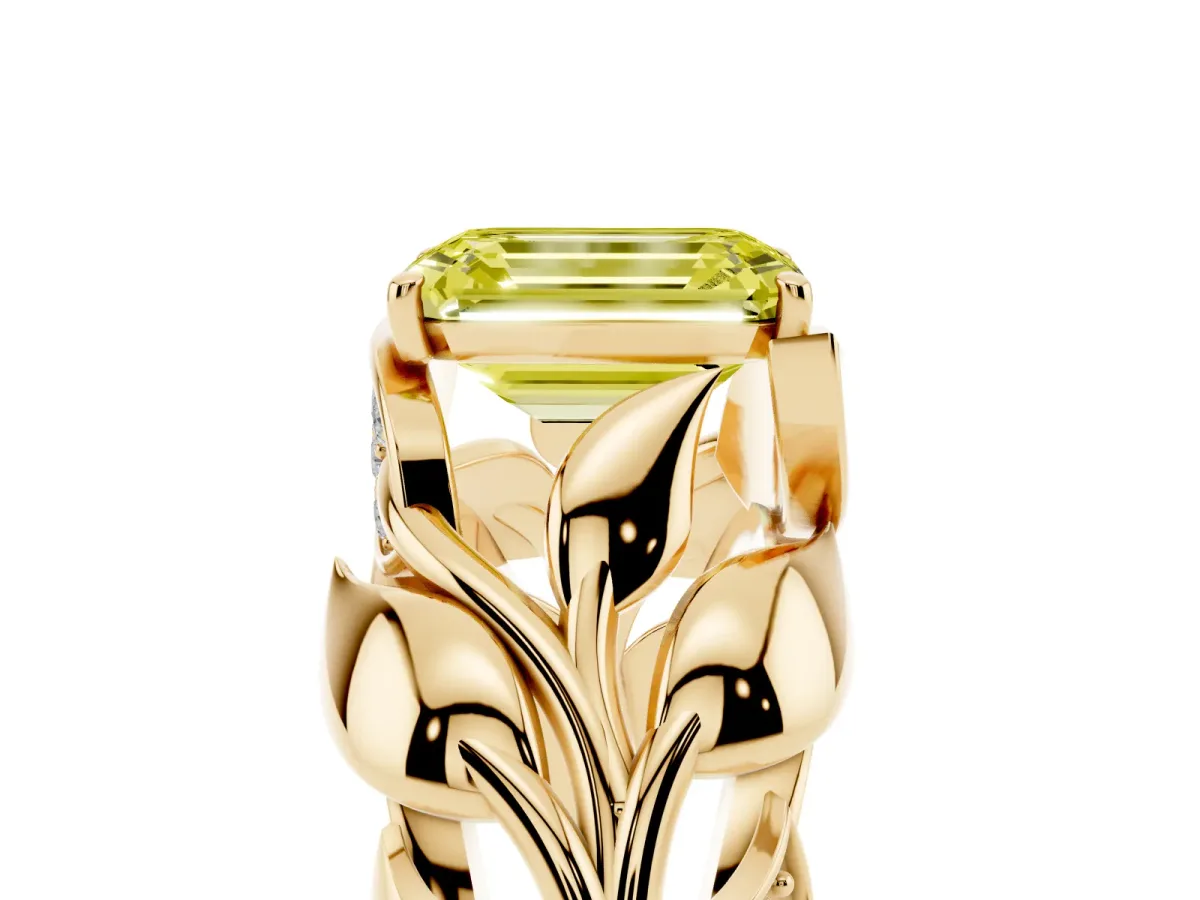 Fancy Yellow Emerald Cut Diamond Leaf-Inspired Engagement Ring with Round Accents and Prong Setting Yellow gold
