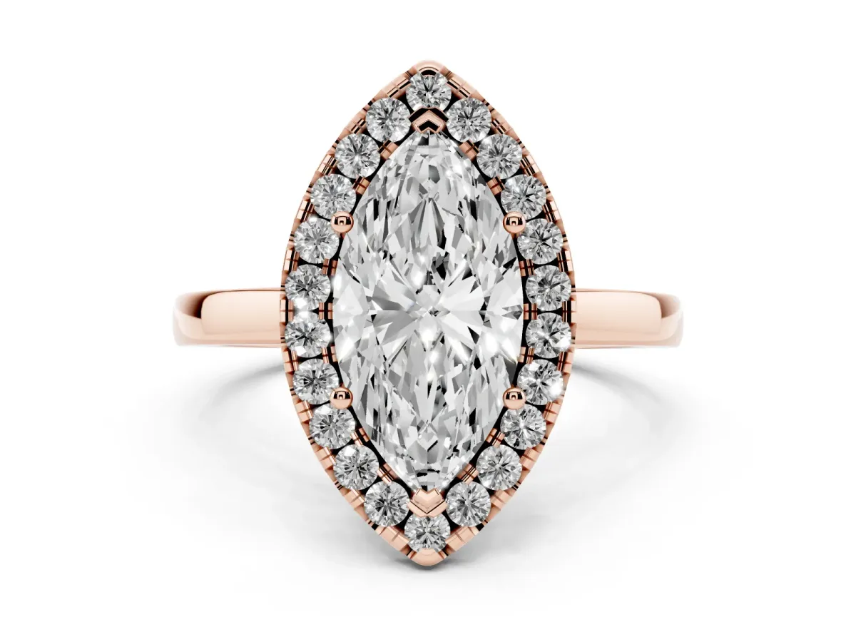 Marquise Cut Halo Diamond Solitaire with Pavé Band and Four-Prong Setting Rose gold