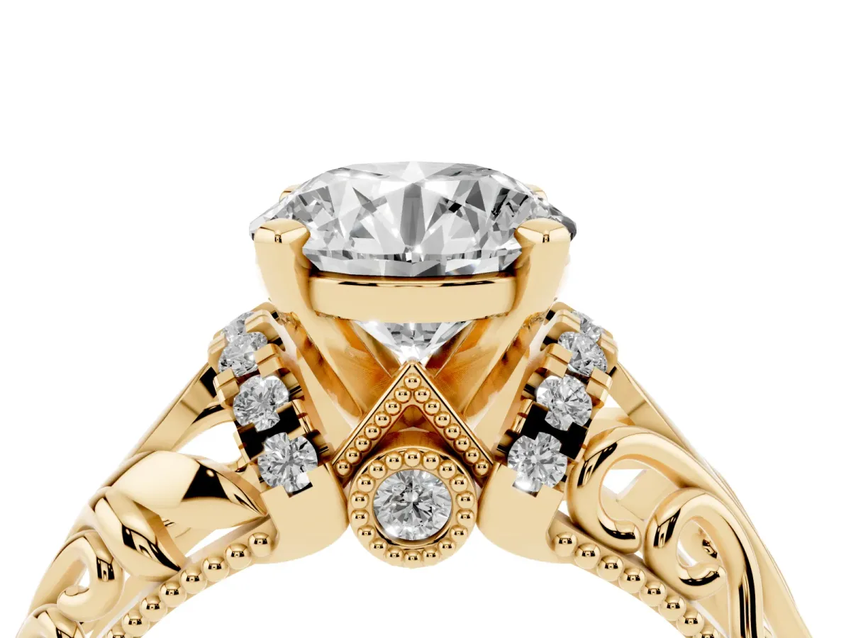 Round Cut Solitaire Filigree Engagement Ring with Halo and Prong Setting Yellow gold