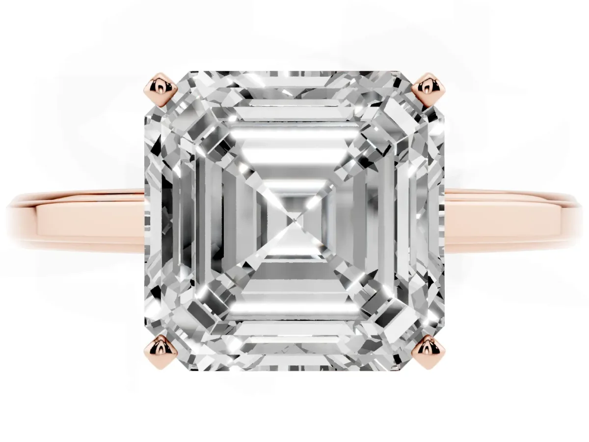 Asscher Cut Solitaire Diamond Ring with Four-Prong Setting and Classic Band Rose gold