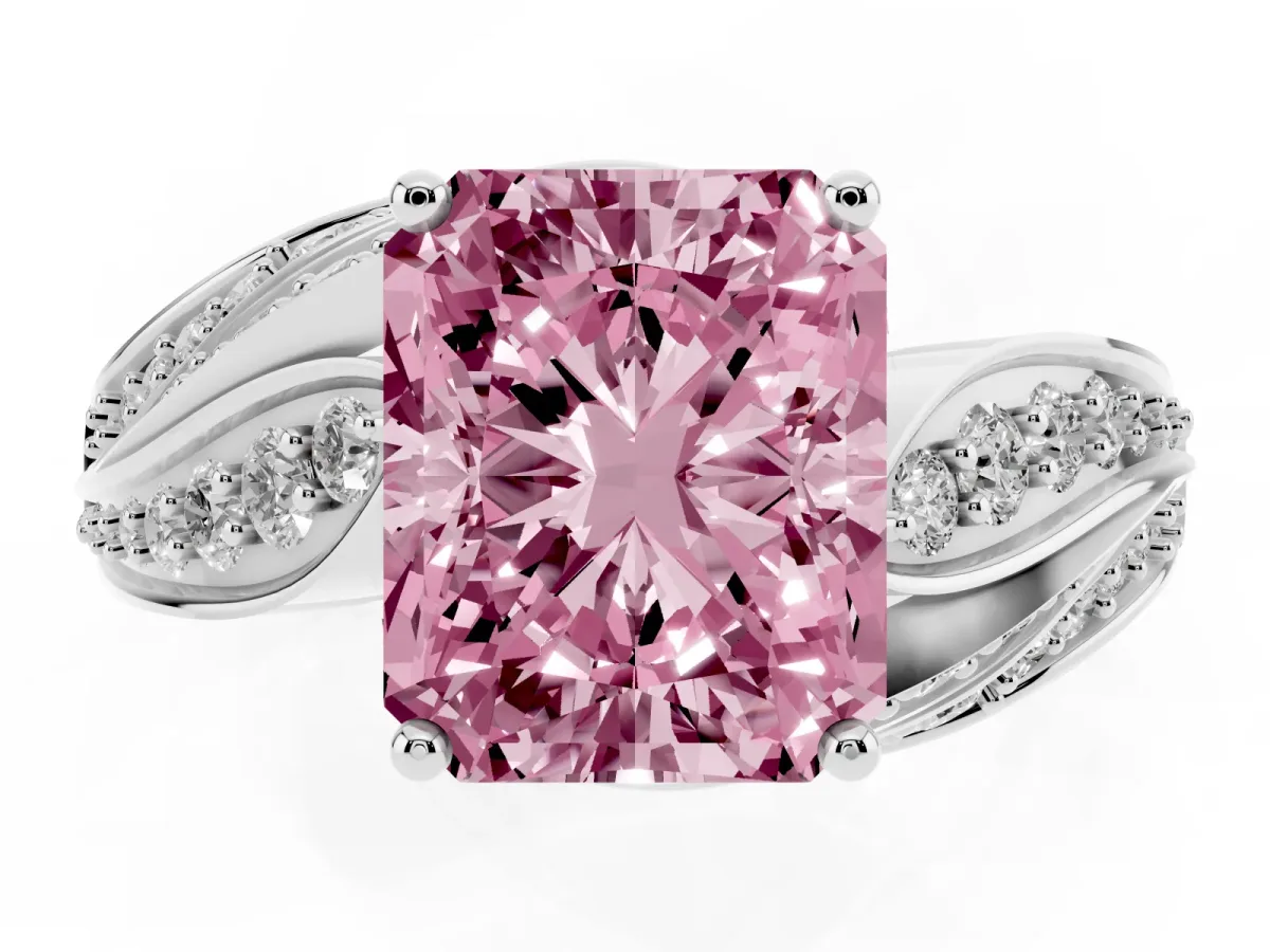 Fancy Pink Radiant Cut Diamond Solitaire Ring with Prong Setting and Twisted Pavé Band Platinum