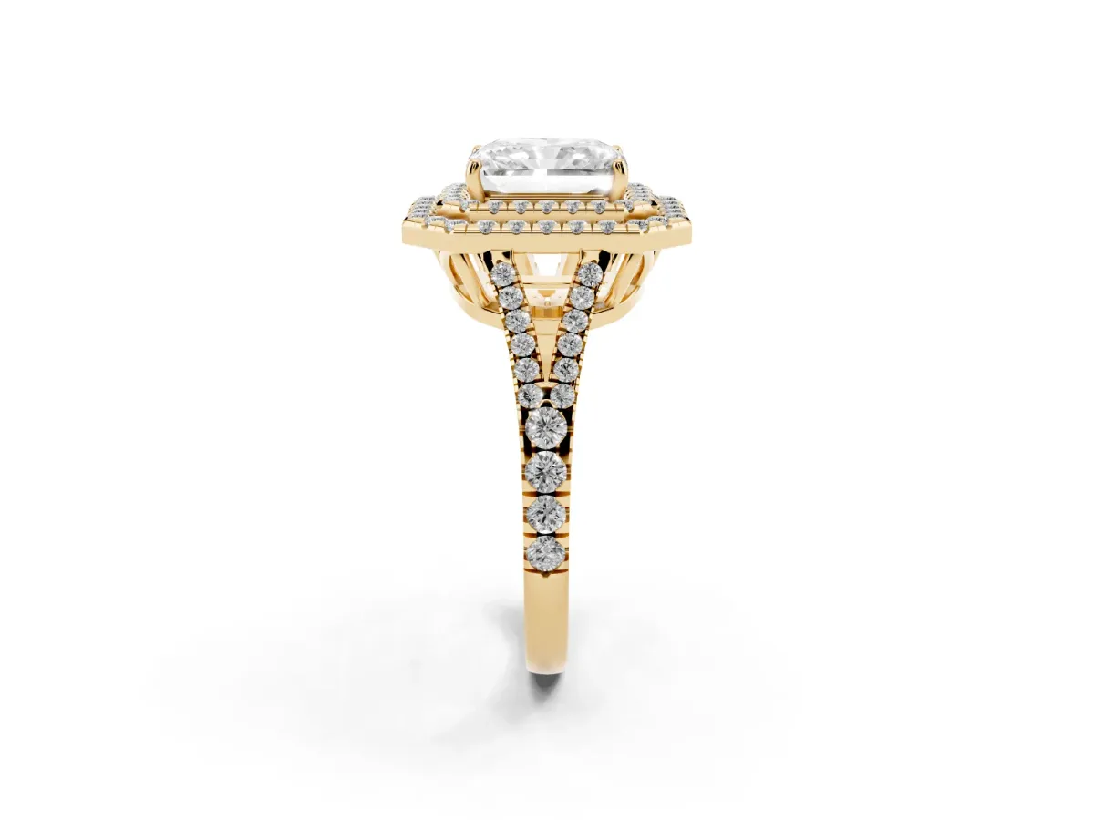 Radiant Cut Diamond Double Halo Ring with Pavé Band and Prong Setting Yellow gold