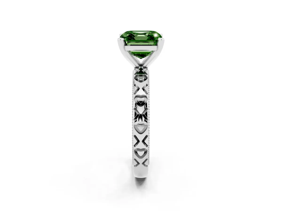 Fancy Green Asscher Cut Solitaire Diamond Engagement Ring with XO Engraved Band and Four-Prong Setting Platinum