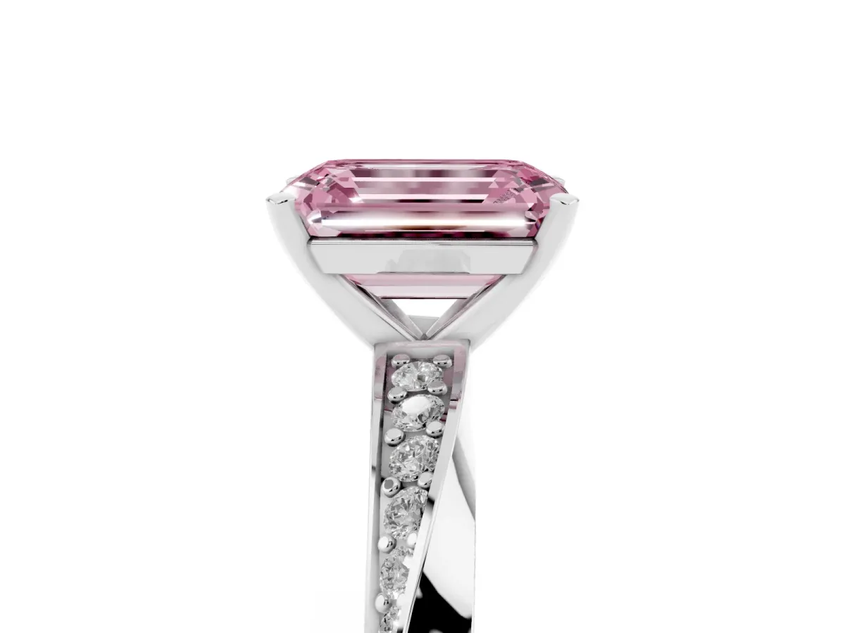 Fancy Pink Emerald Cut Diamond Engagement Ring with Side Stone Accents and Four-Prong Setting Silver