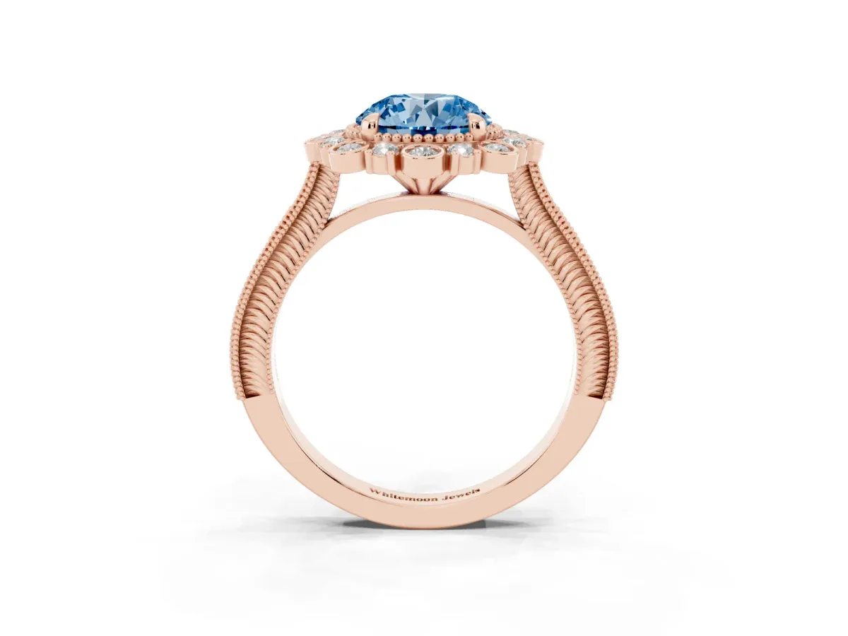 Fancy Blue Round Cut Halo Milgrain Pave Diamond Ring with Four-Prong Setting Rose gold