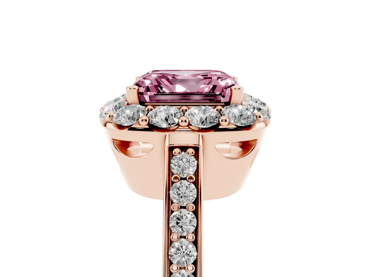 Fancy Pink Asscher Cut Diamond Floral Halo Ring with Pavé Band and Prong Setting Rose gold