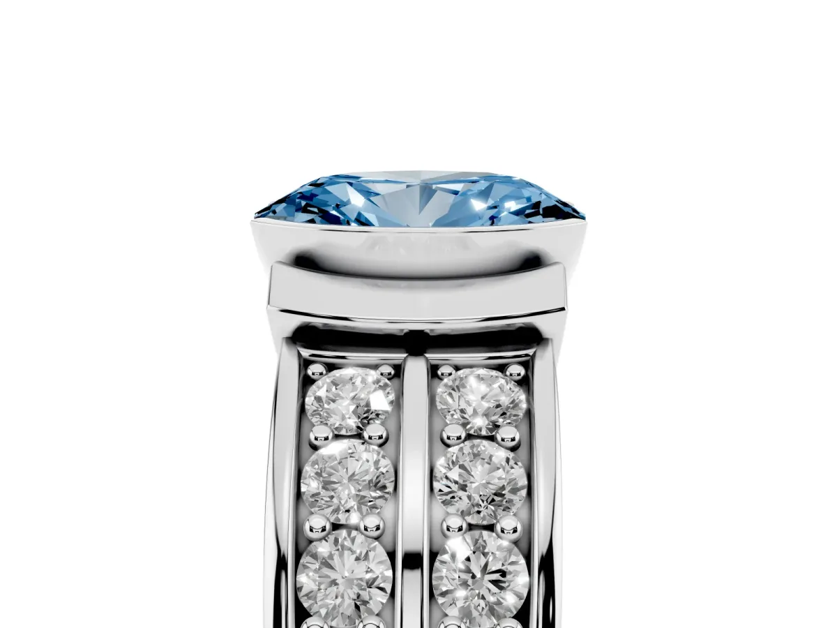 Fancy Blue Oval Cut Brilliant Diamond Channel Set Wide Band Ring with Bezel Setting Platinum