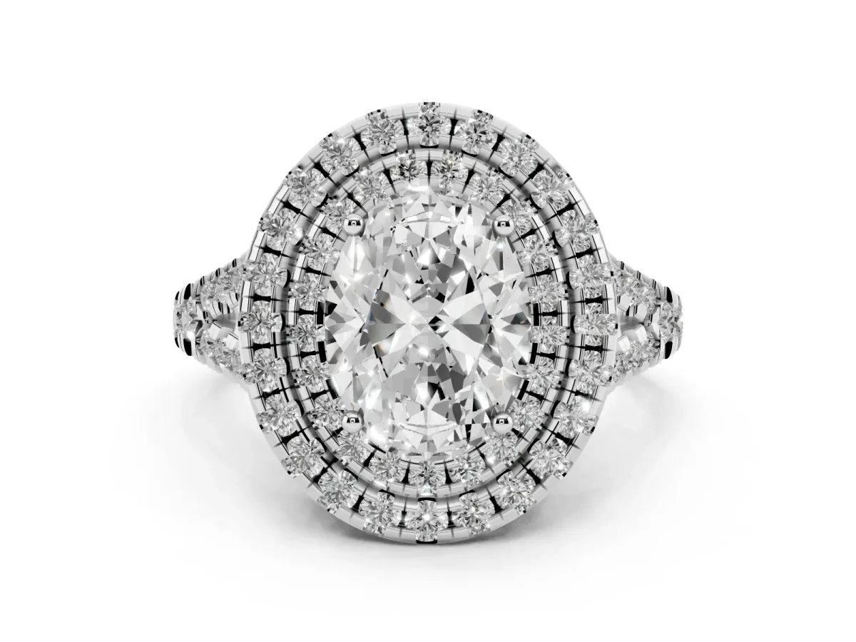 Double Halo Oval Cut Diamond Pavé Split Shank Ring with Prong Setting Silver