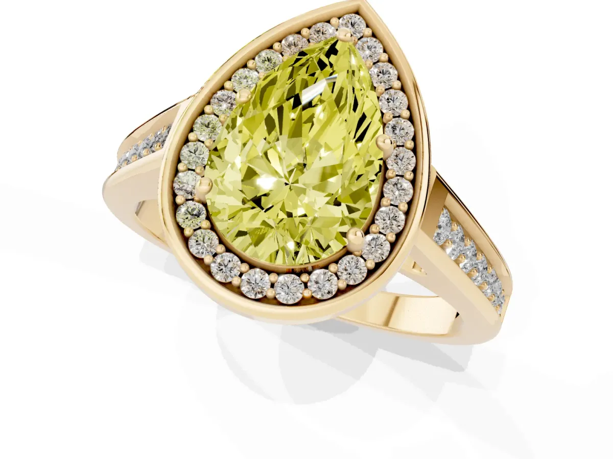 Fancy Yellow Pear Cut Halo Solitaire Diamond Ring with Pave Band and Bezel Setting Yellow gold
