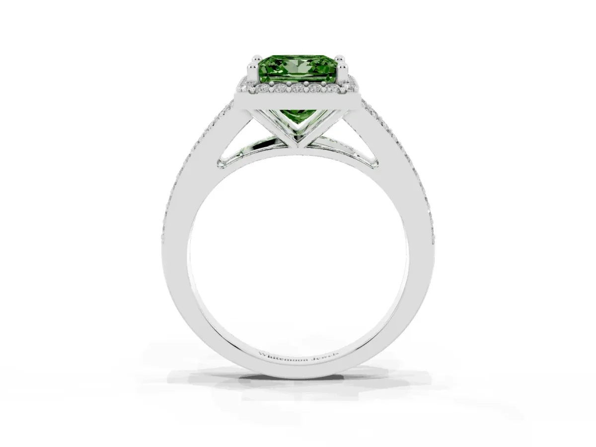 Fancy Green Princess Cut Halo Split Shank Pave Diamond Ring with Four-Prong Setting Silver