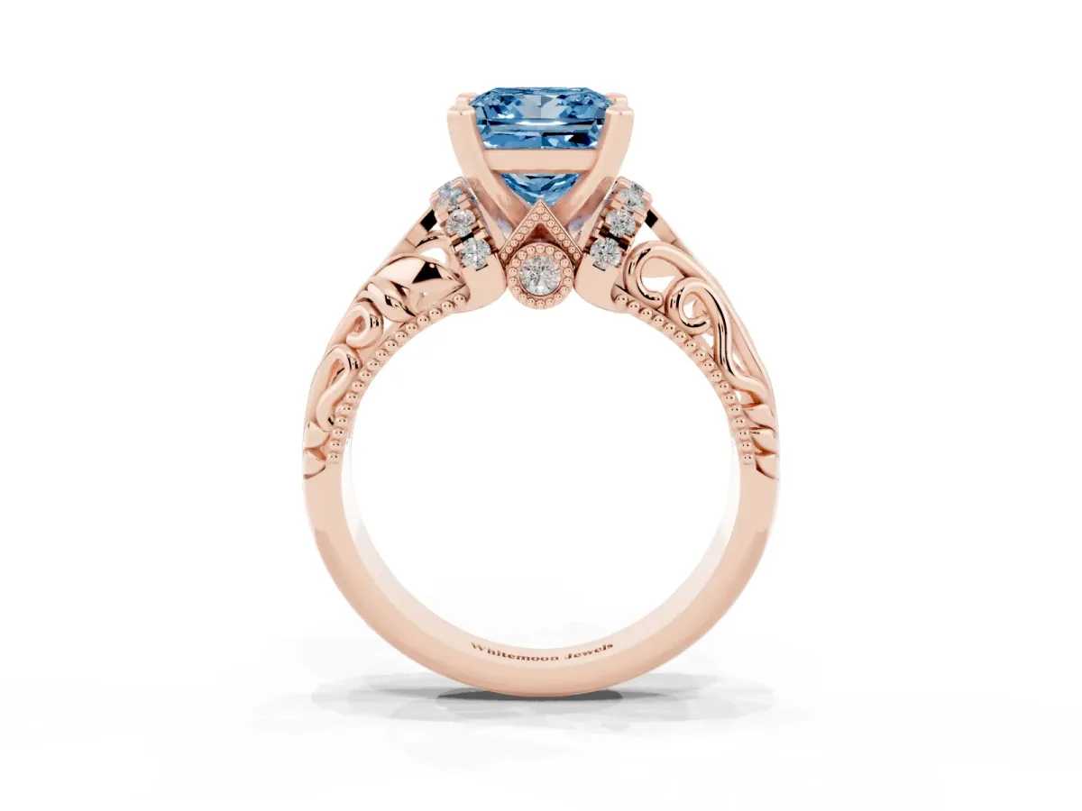 Fancy Blue Princess Cut Solitaire Filigree Engagement Ring with Halo and Prong Setting Rose gold