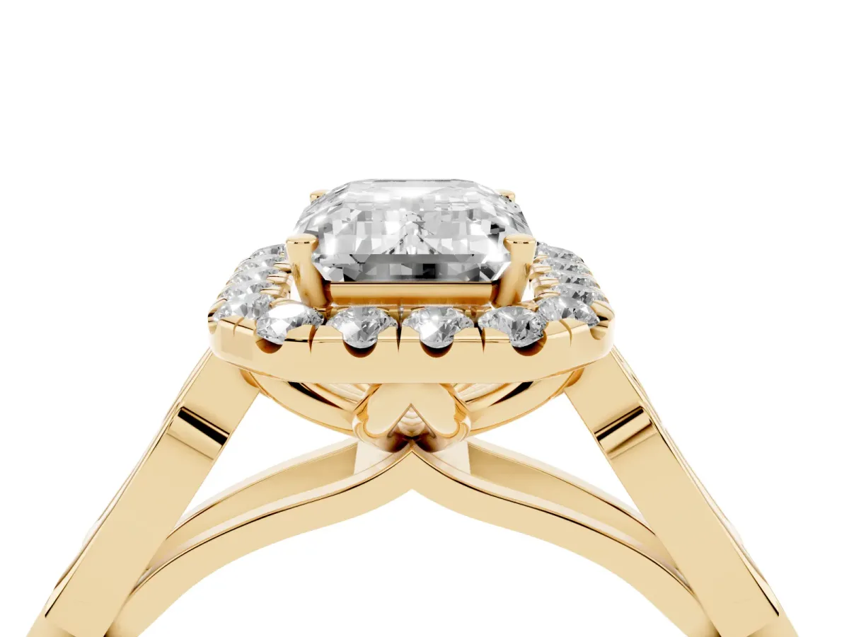 Emerald Cut Halo Diamond Engagement Ring with Filigree Band and Four-Prong Setting Yellow gold