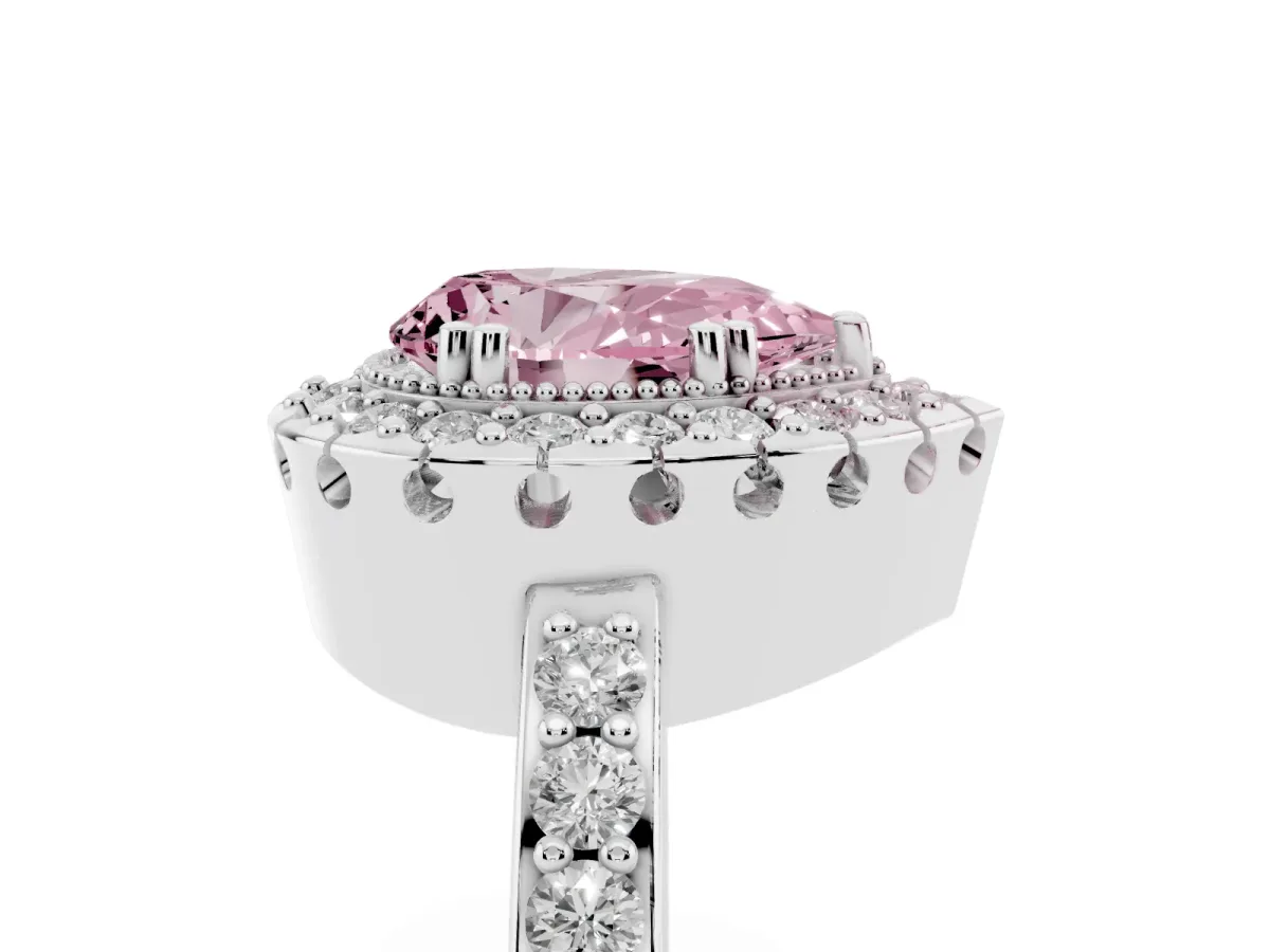 Fancy Pink Pear Cut Diamond Halo Ring with Pavé Band and Prong Setting Platinum