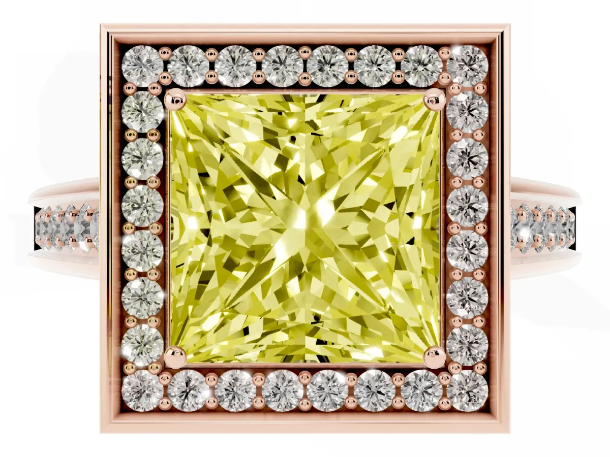 Fancy Yellow Princess Cut Halo Solitaire Diamond Ring with Pave Band and Bezel Setting Rose gold