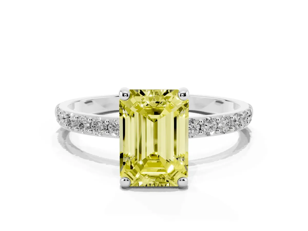 Fancy Yellow Emerald Cut Diamond Solitaire Ring with Round Pavé Band and Prong Setting Silver