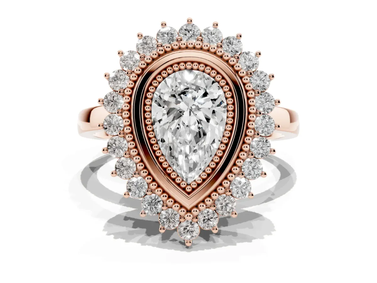 Pear Cut Halo Diamond Ring with Milgrain Edge and Round Prong Setting Rose gold