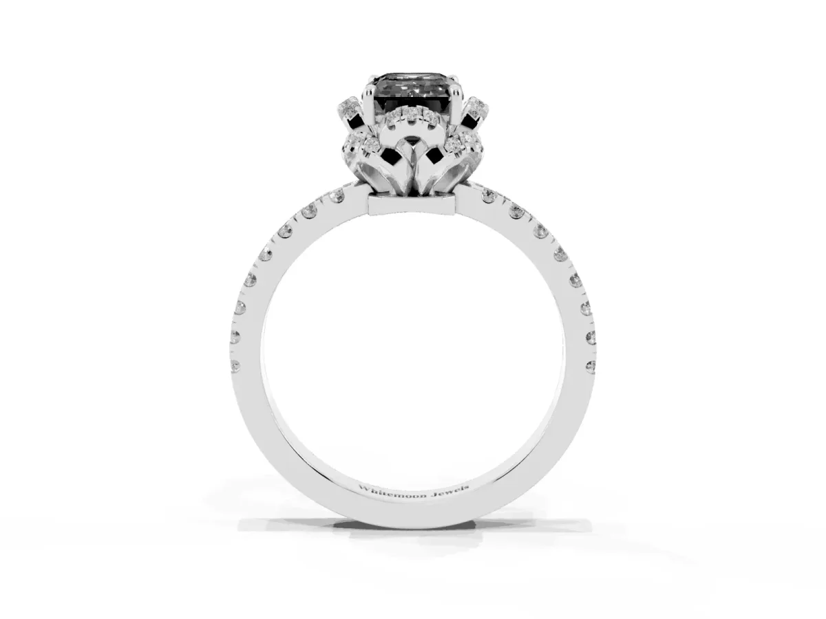 Fancy Black Emerald Cut Diamond Halo Pave Band with Four-Prong Setting Silver