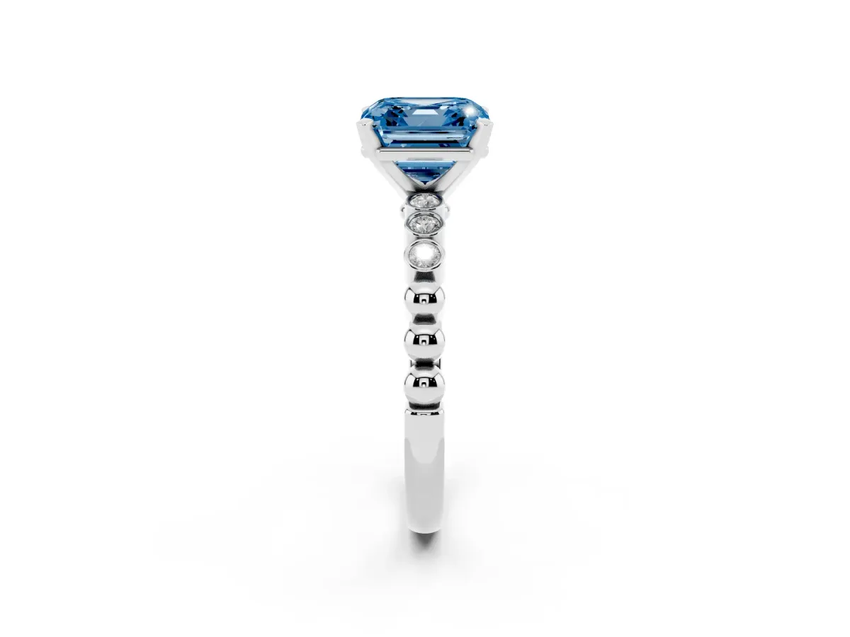 Fancy Blue Asscher Cut Solitaire Bezel Accent Diamond Engagement Ring with Beaded Band and Four-Prong Setting White gold