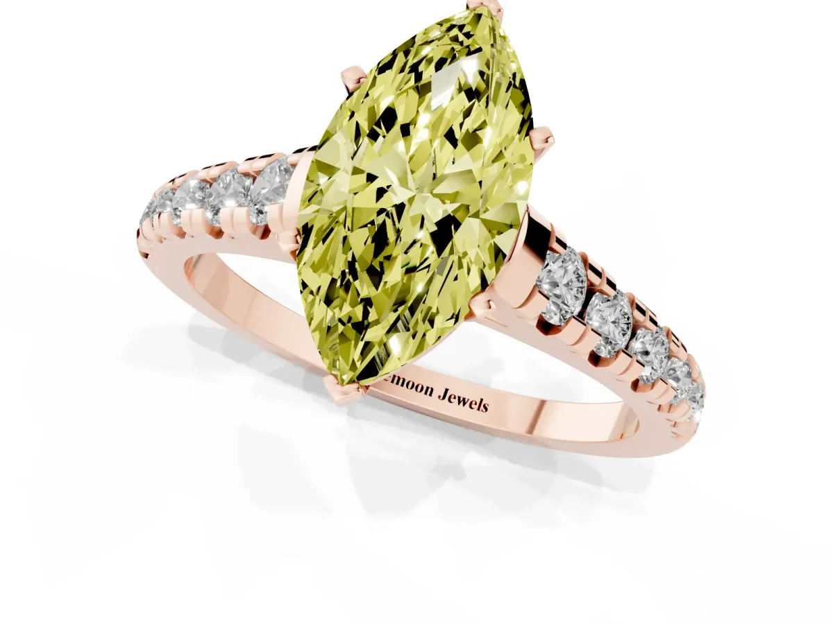 Fancy Yellow Marquise Cut Diamond Cathedral Solitaire Ring with Round Pavé Band Rose gold