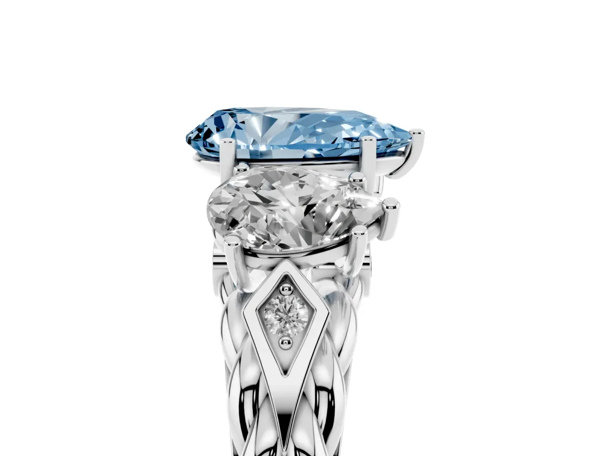 Fancy Blue Three-Stone Pear Cut Diamond Braided Band Ring with Four-Prong Setting Platinum