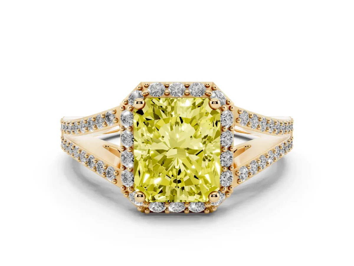 Fancy Yellow Radiant Cut Halo Split Shank Diamond Ring with Prong Setting Yellow gold