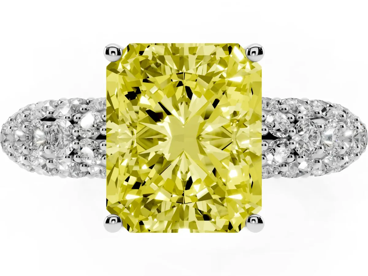 Fancy Yellow Radiant Cut Diamond Pavé Band Solitaire Ring with Four-Prong Setting Silver