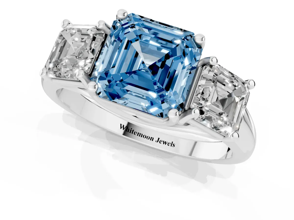 Fancy Blue Three-Stone Asscher Cut Diamond Engagement Ring with Prong Setting Silver