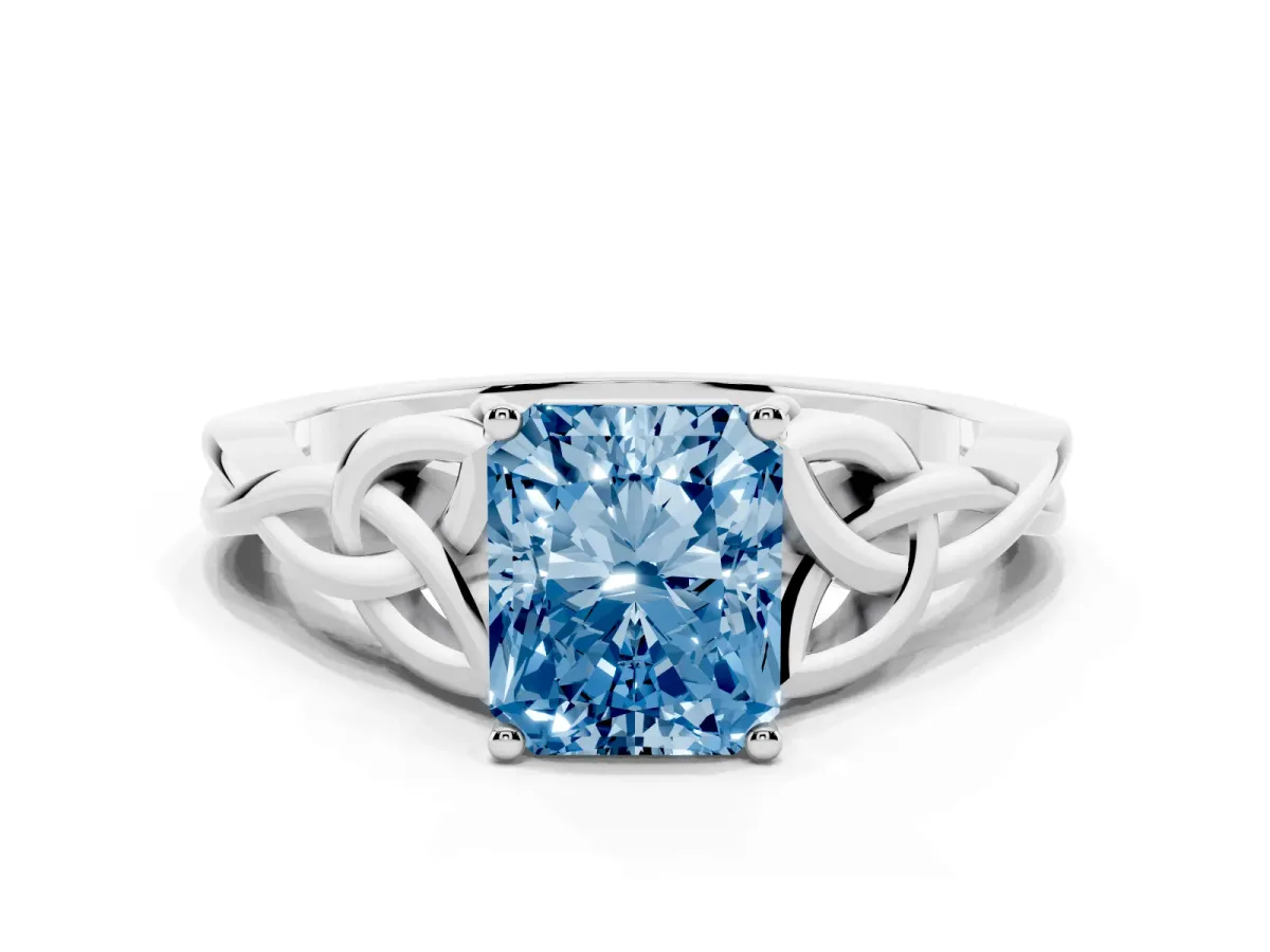 Fancy Blue Radiant Cut Diamond Solitaire Engagement Ring with Celtic Knot Band and Four-Prong Setting White gold