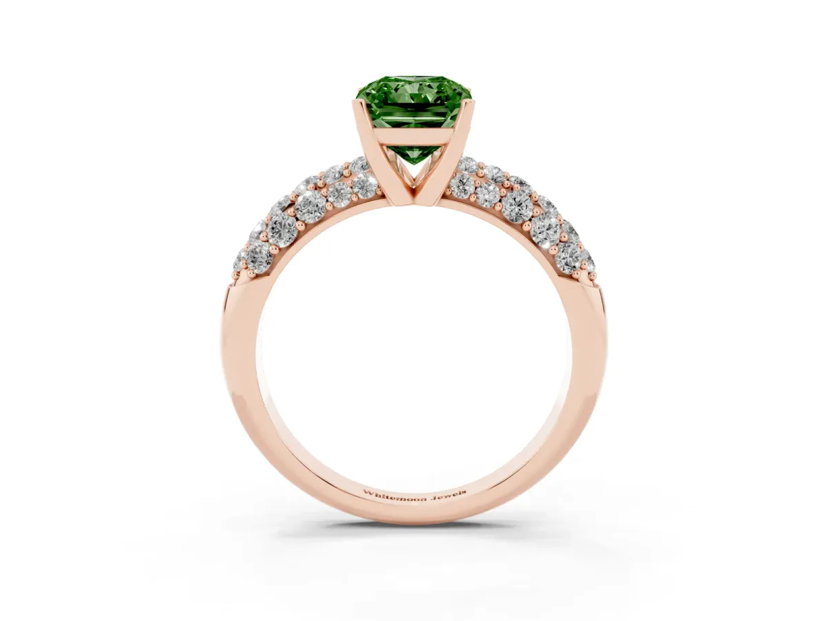 Fancy Green Radiant Cut Diamond Pavé Band Solitaire Ring with Four-Prong Setting Rose gold