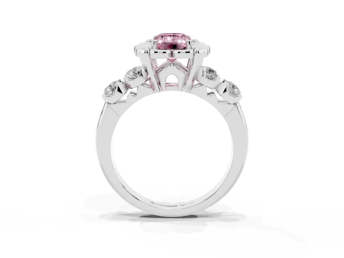Fancy Pink Emerald Cut Cut Diamond Floral Halo Engagement Ring with Shared Prong Setting Silver