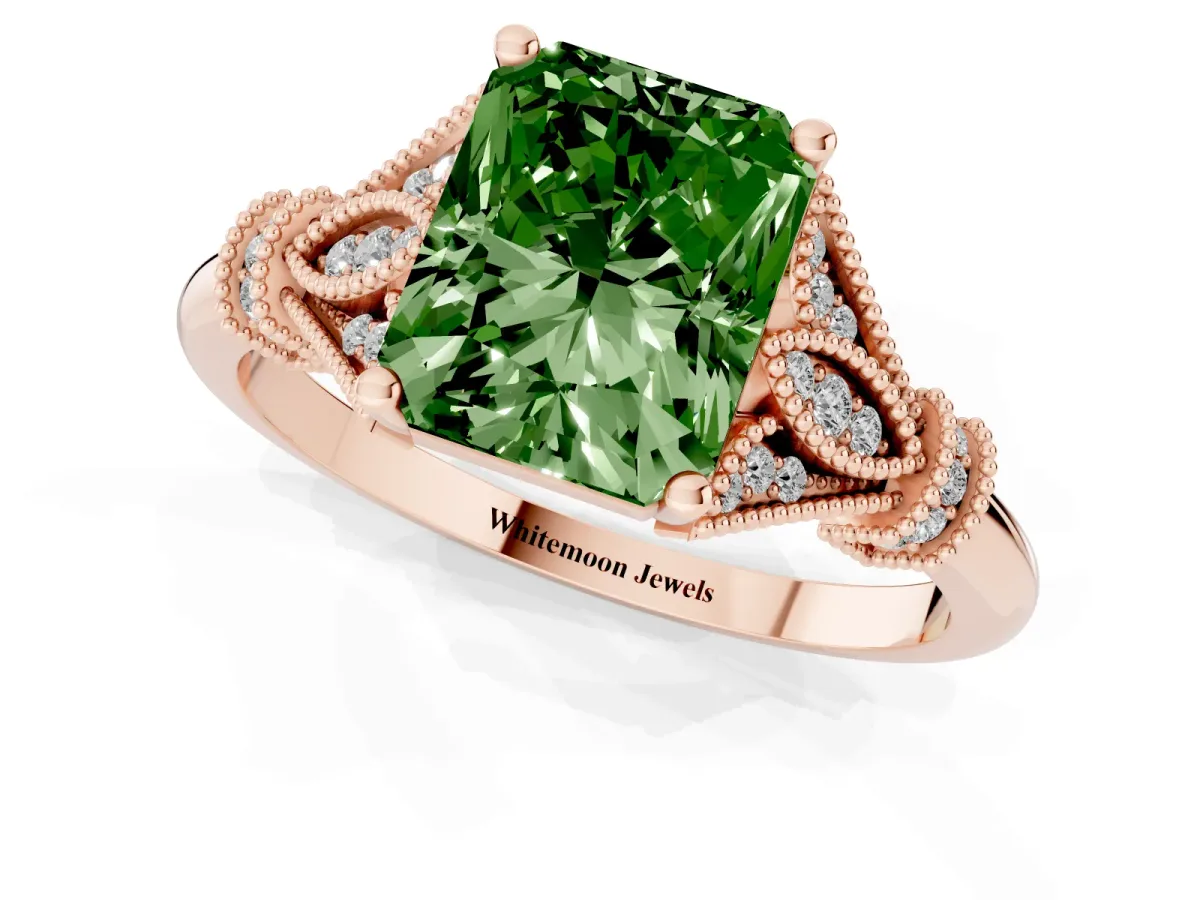 Fancy Green Radiant Cut Diamond Solitaire Ring with Floral Filigree and Pave Accents Rose gold
