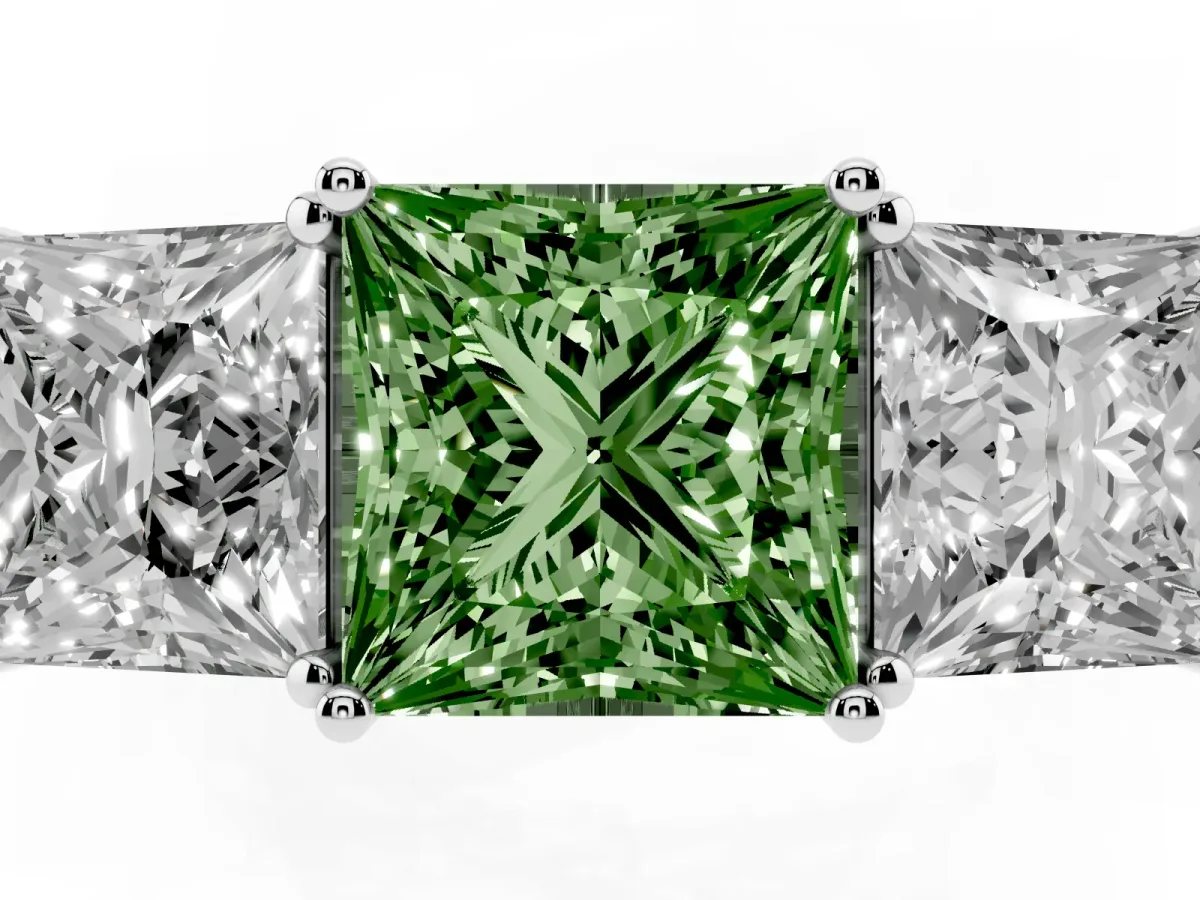 Fancy Green Princess Cut Diamond Three-Stone Ring with Prong Setting and Textured Band Silver