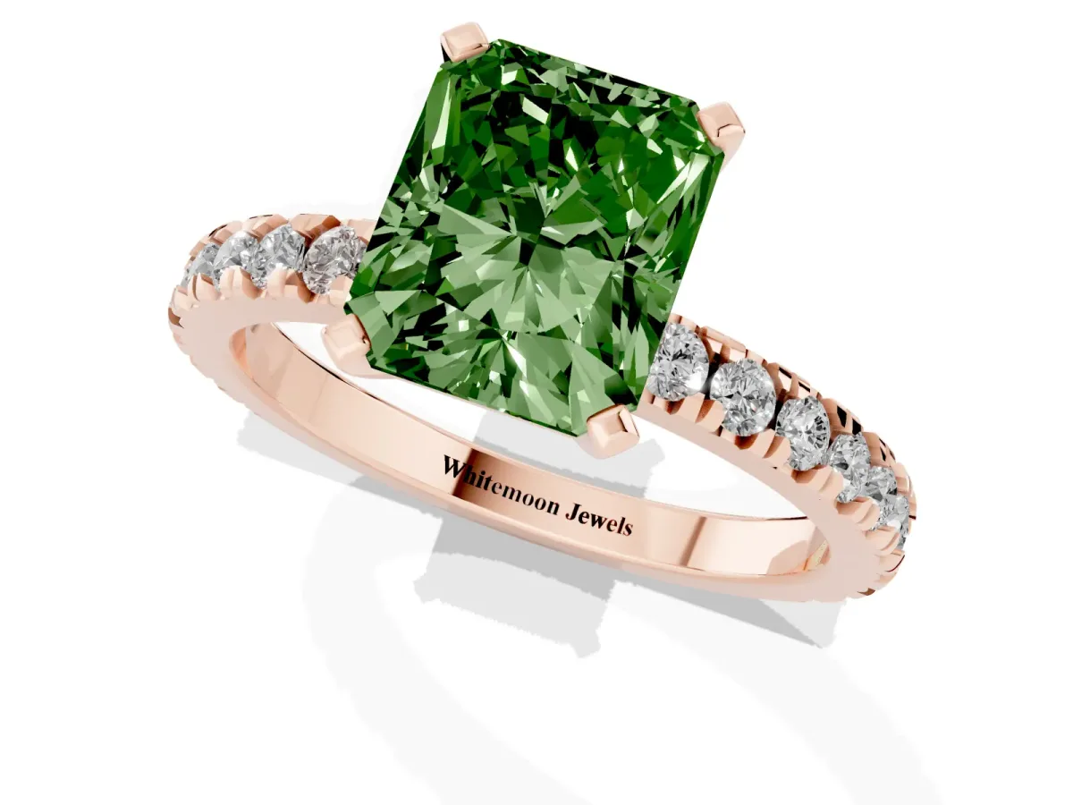 Fancy Green Radiant Cut Diamond Pavé Band Solitaire with Four-Prong Setting Rose gold
