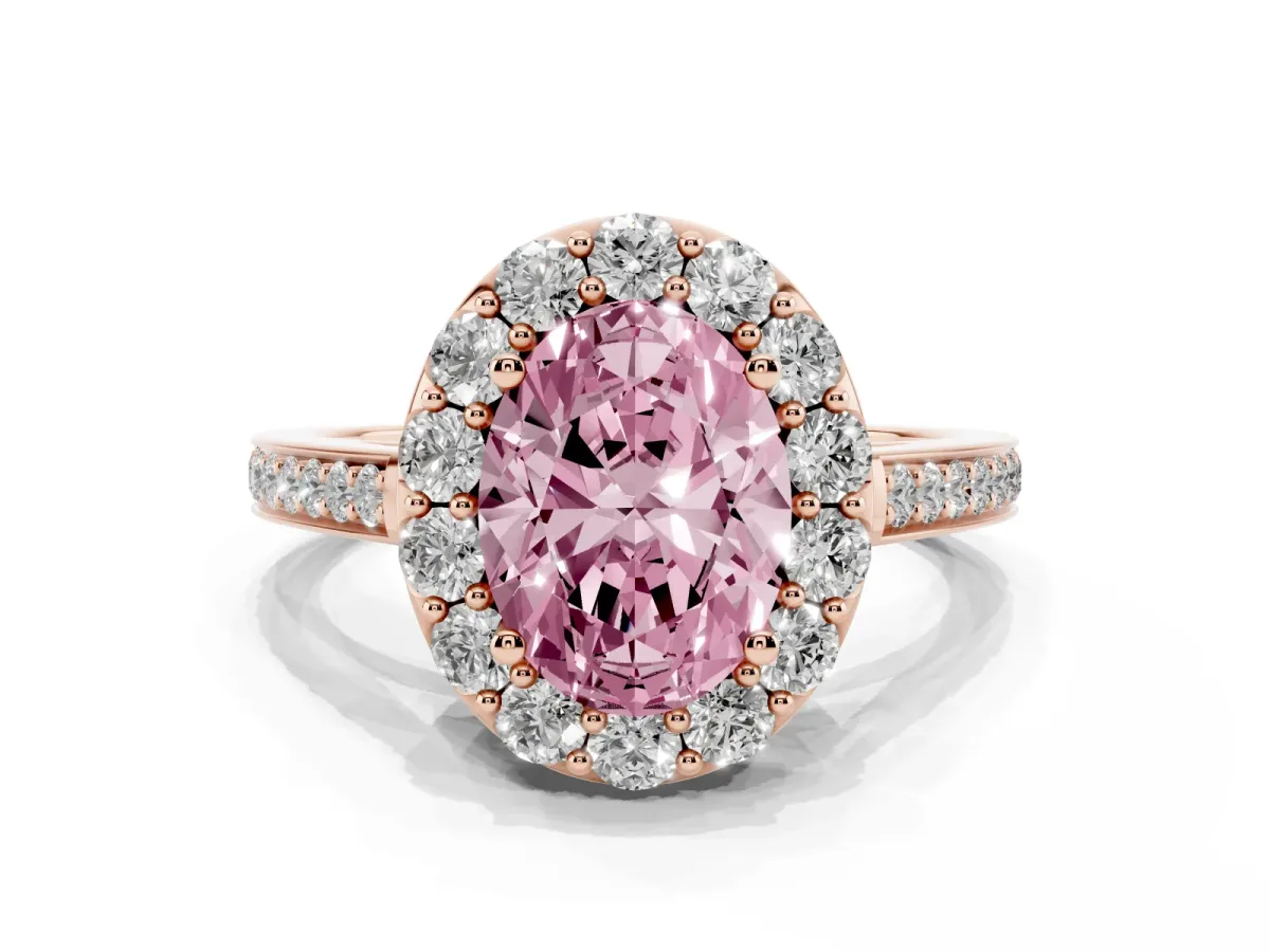 Fancy Pink Oval Cut Diamond Floral Halo Ring with Pavé Band and Prong Setting Rose gold