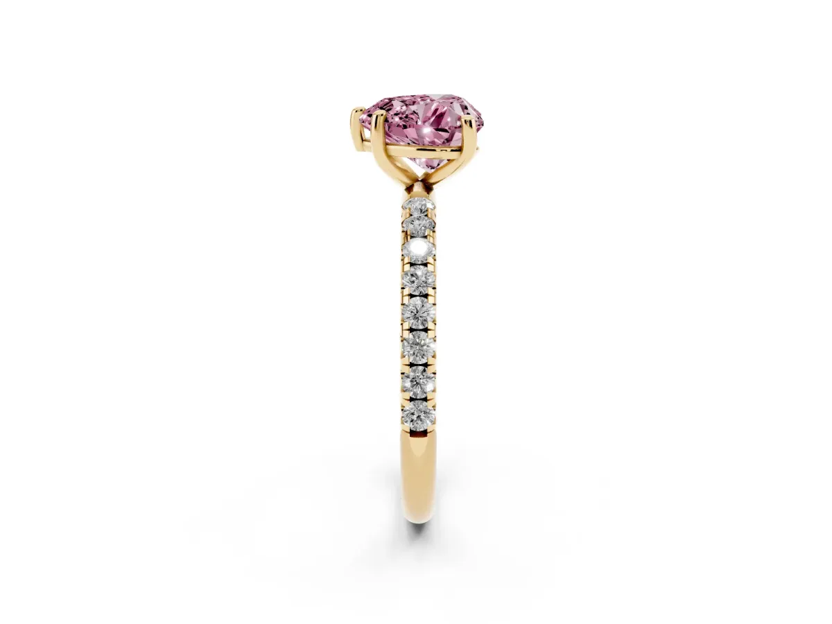 Fancy Pink Heart Cut Cut Diamond Solitaire Ring with Micro Pave Band and Four Prong Setting Yellow gold