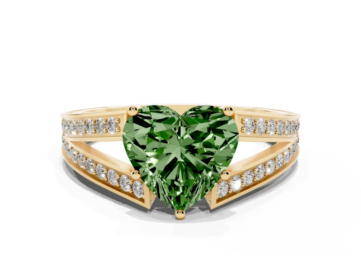Fancy Green Heart Cut Diamond Split Shank Ring with Pavé Band and Four-Prong Setting Yellow gold