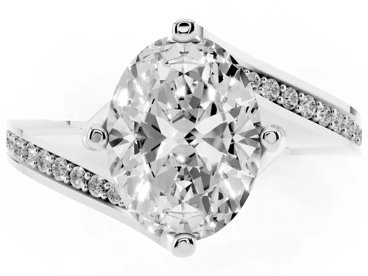 Oval Cut Solitaire Diamond Twist Band with Pavé Setting and Four-Prong Setting Silver