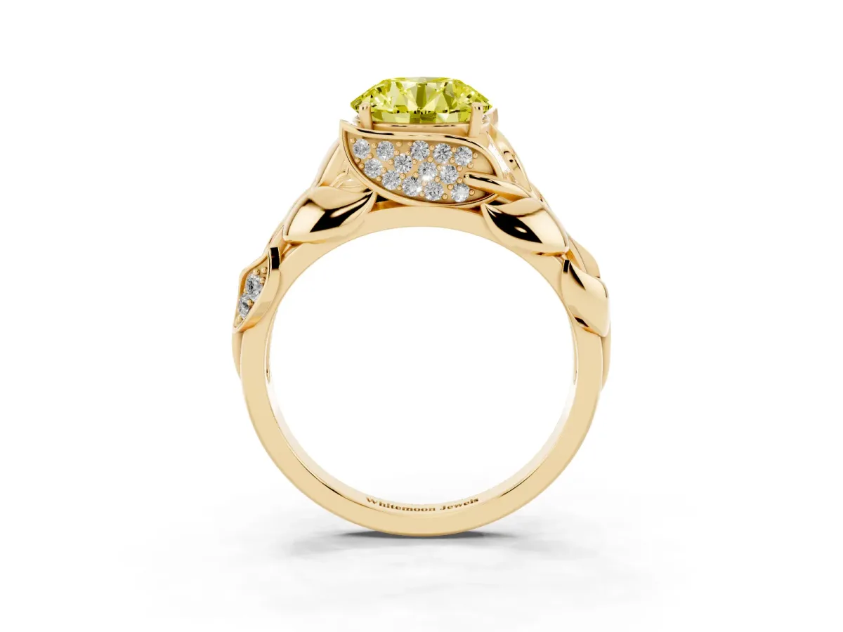 Fancy Yellow Round Cut Diamond Leaf-Inspired Engagement Ring with Round Accents and Prong Setting Yellow gold