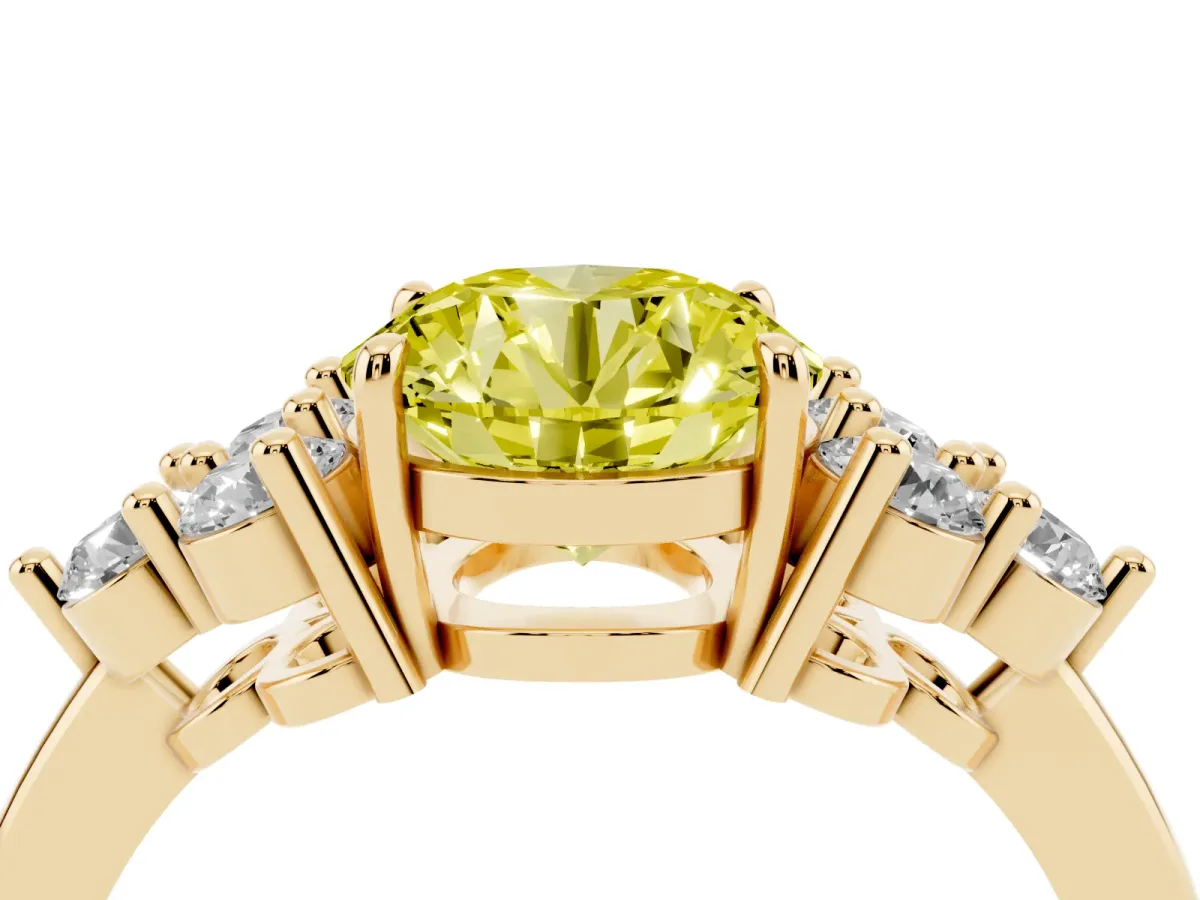 Fancy Yellow Round Cut Brilliant Diamond Cluster Accent Solitaire Ring with Prong Setting Yellow gold