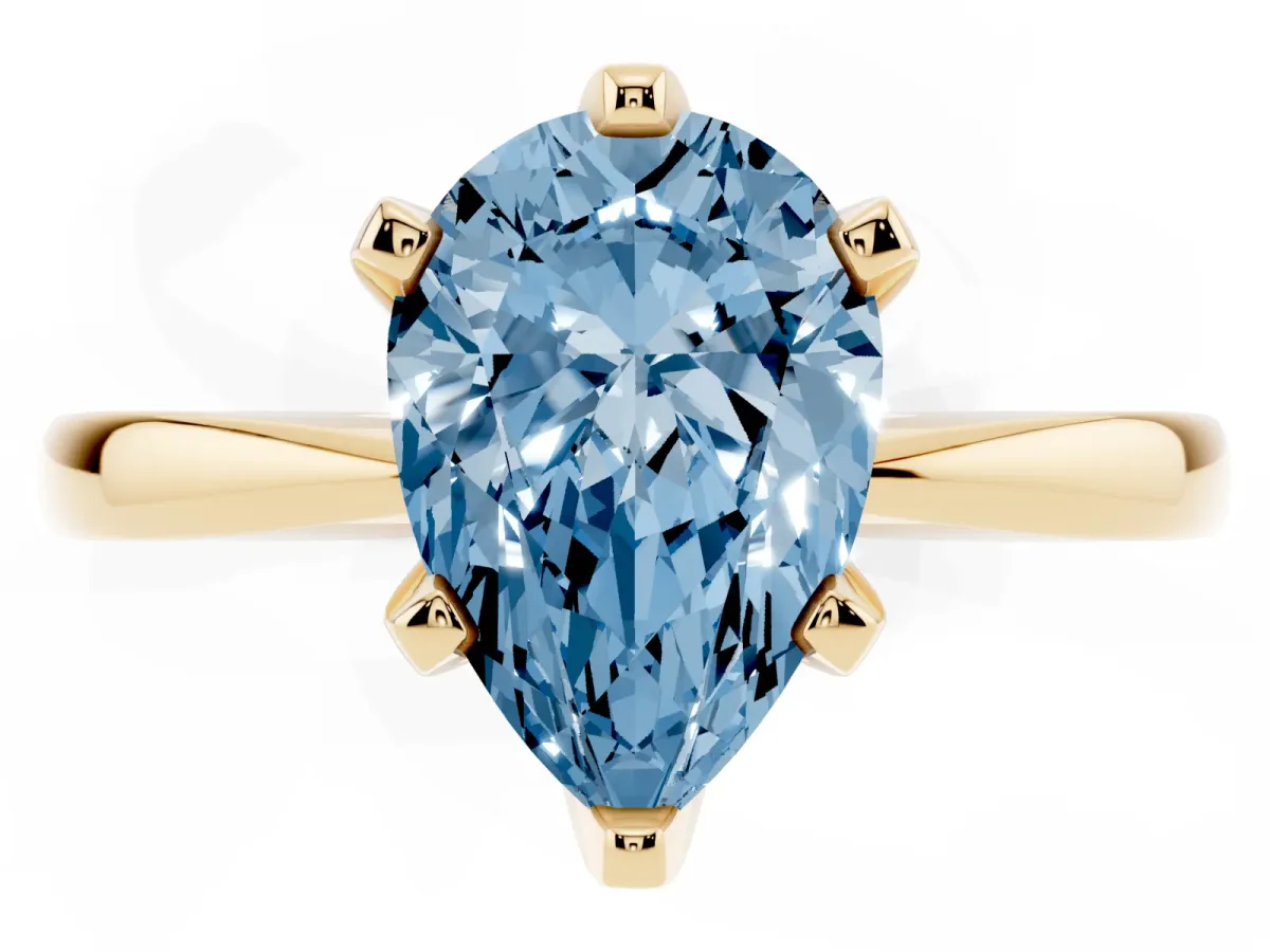 Fancy Blue Pear Cut Solitaire Engagement Ring with Six-Prong Setting and Tapered Band Yellow gold