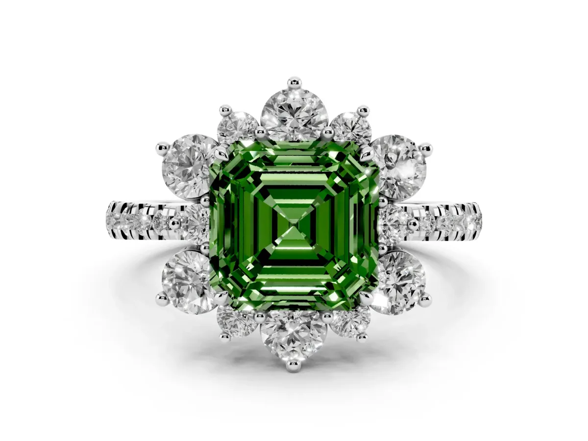 Fancy Green Asscher Cut Diamond Floral Halo Ring with Round Pavé Band and Prong Setting Platinum