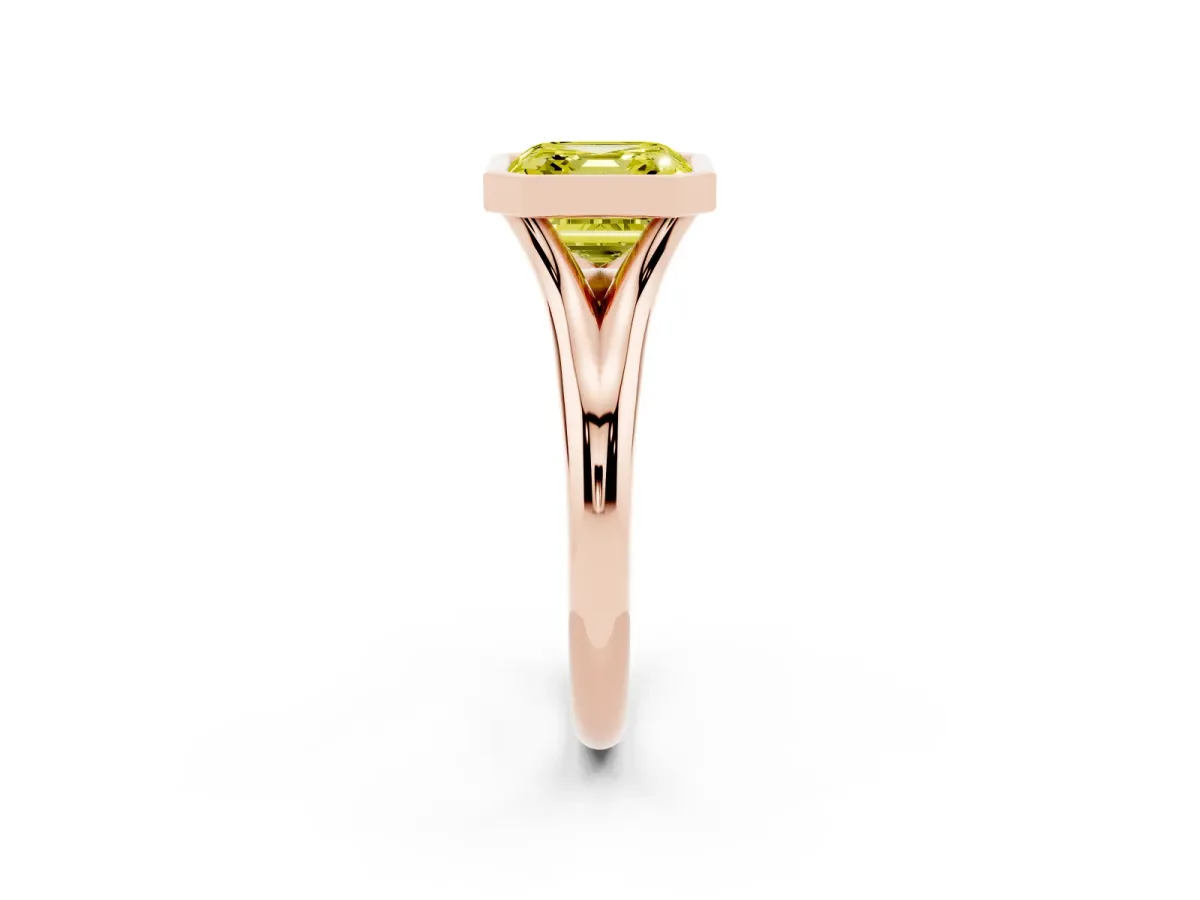 Fancy Yellow Bezel Set Asscher Cut Solitaire Diamond Ring with Smooth Band Rose gold