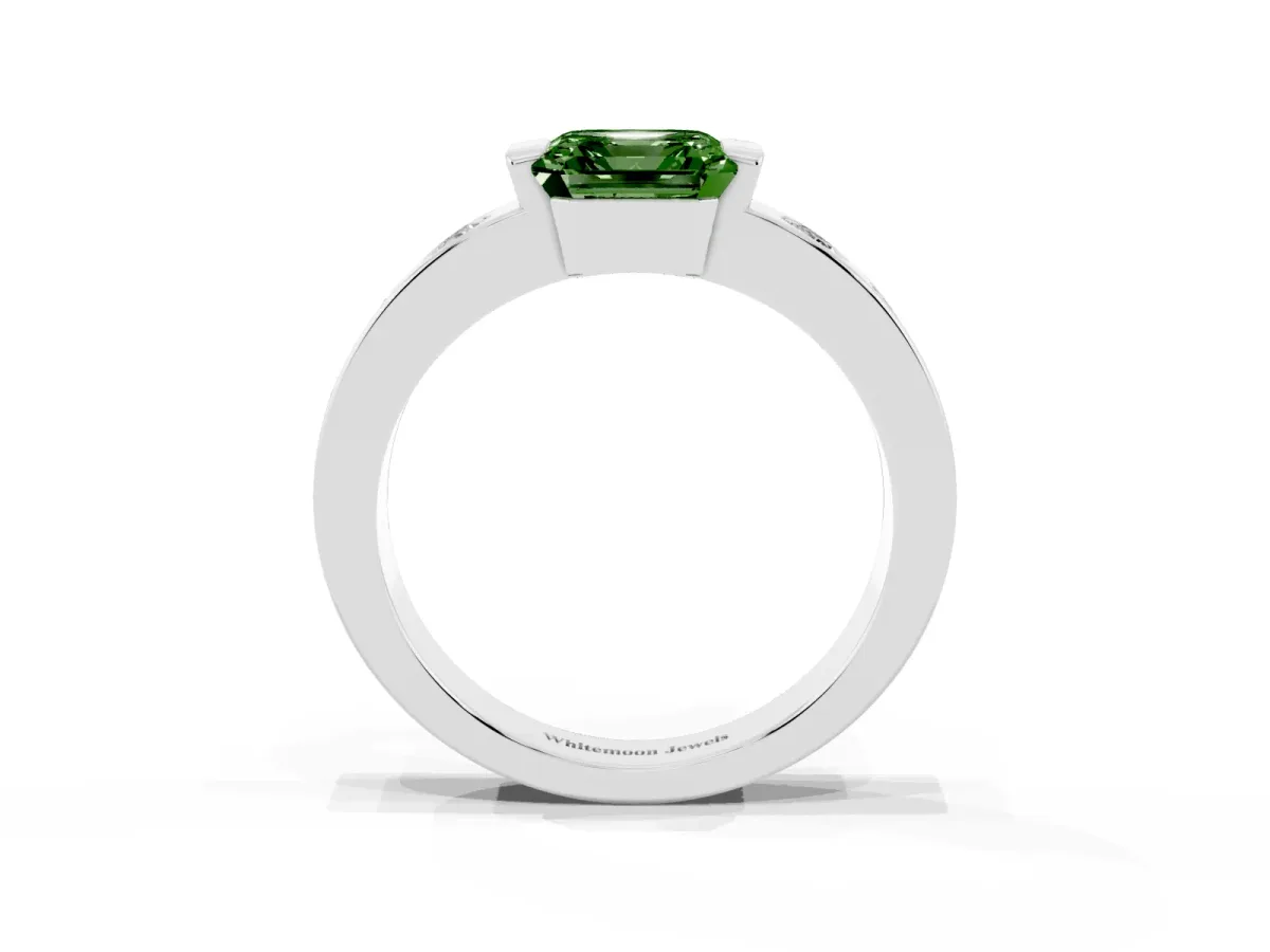 Fancy Green Asscher Cut Brilliant Channel-Set Diamond Ring with Bezel Prong Setting Silver