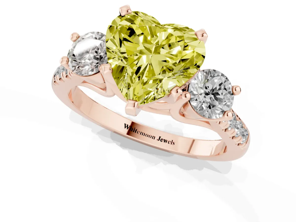 Fancy Yellow Three-Stone Heart Cut Diamond Pavé Band with Four-Prong Setting Rose gold