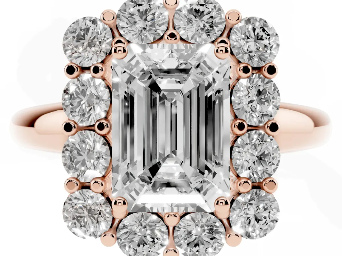 Emerald Cut Halo Cluster Diamond Engagement Ring with Prong Setting and Polished Band Rose gold
