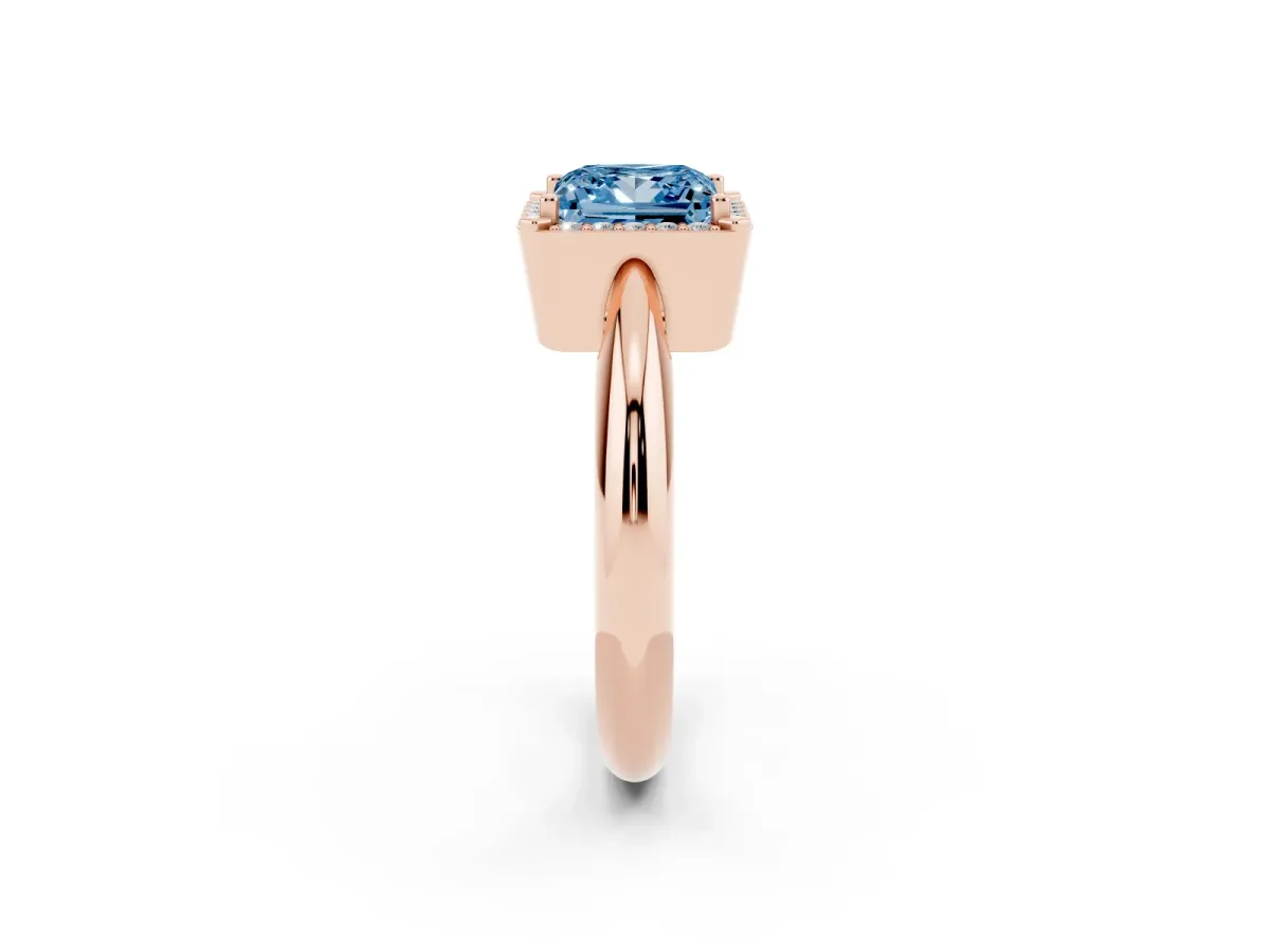 Fancy Blue Princess Cut Cut Diamond Halo Engagement Ring with Split Shank and Four-Prong Setting Rose gold