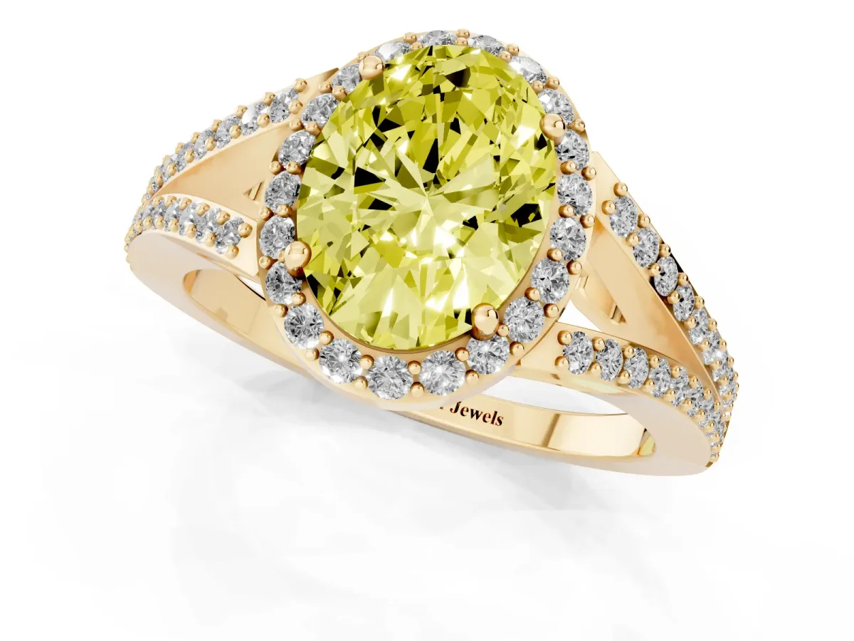 Fancy Yellow Oval Cut Halo Split Shank Pave Diamond Ring with Four-Prong Setting Yellow gold