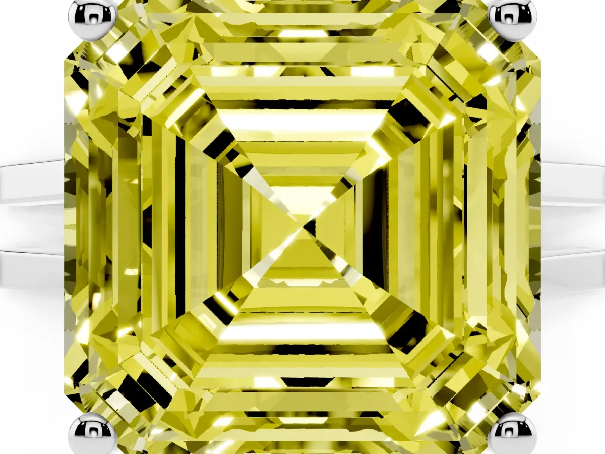 Fancy Yellow Asscher Cut Cut Diamond Solitaire Engagement Ring with Tapered Plain Band and Four-Prong Setting Silver