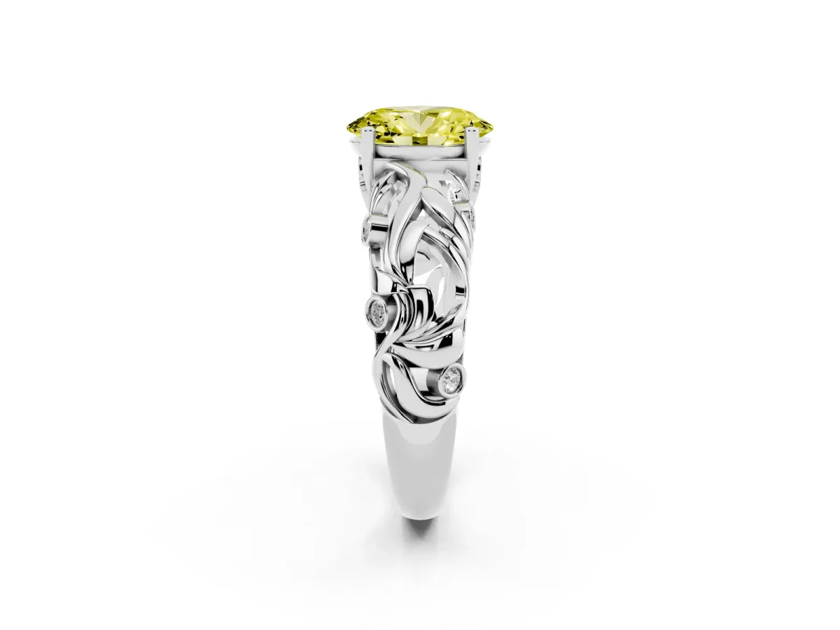 Fancy Yellow Oval Cut Solitaire Diamond Leaf-Inspired Vine Band Ring with Prong Setting Silver