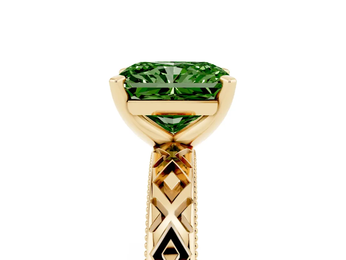 Fancy Green Radiant Cut Solitaire Diamond Ring with Milgrain and Black Enamel X Pattern Band Yellow gold